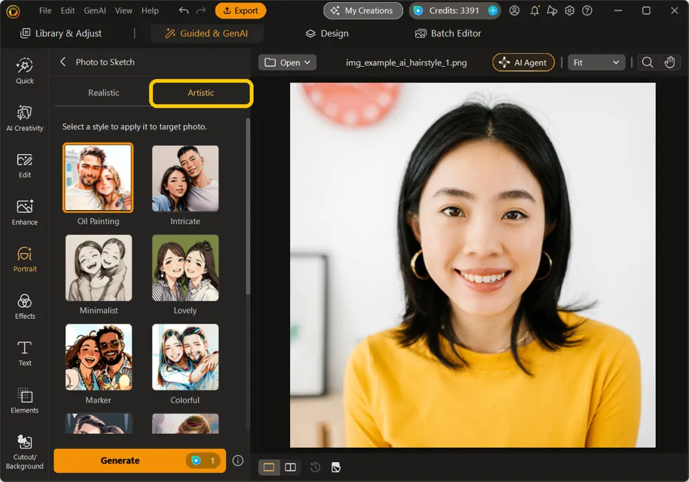 The Artistic tab highlighted, showing its own gallery of illustration styles