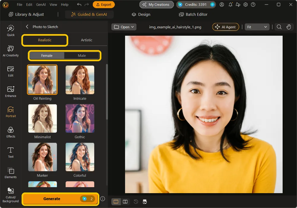 The Realistic tab with the Female and Male toggle highlighted and Oil Painting selected