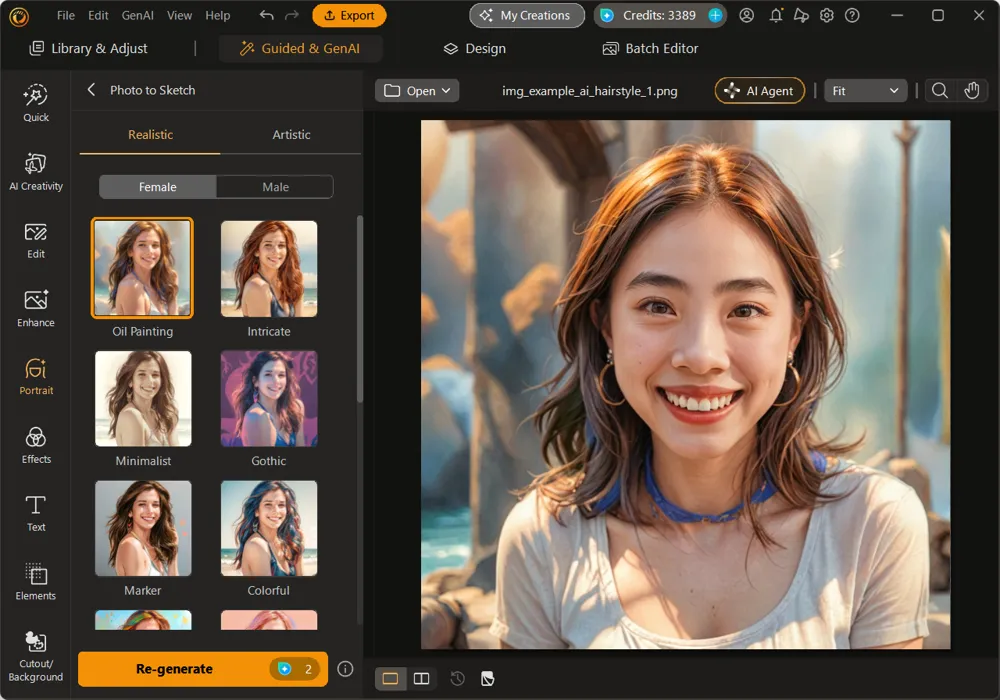 The finished Oil Painting result in the preview with the Re-generate button below the style gallery