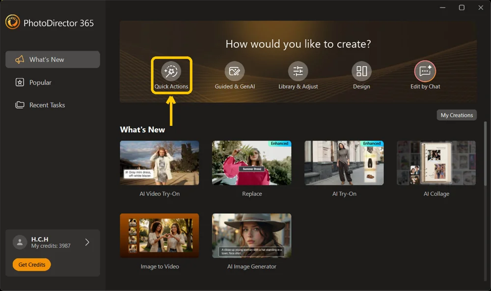 The PhotoDirector launcher with Quick Actions highlighted