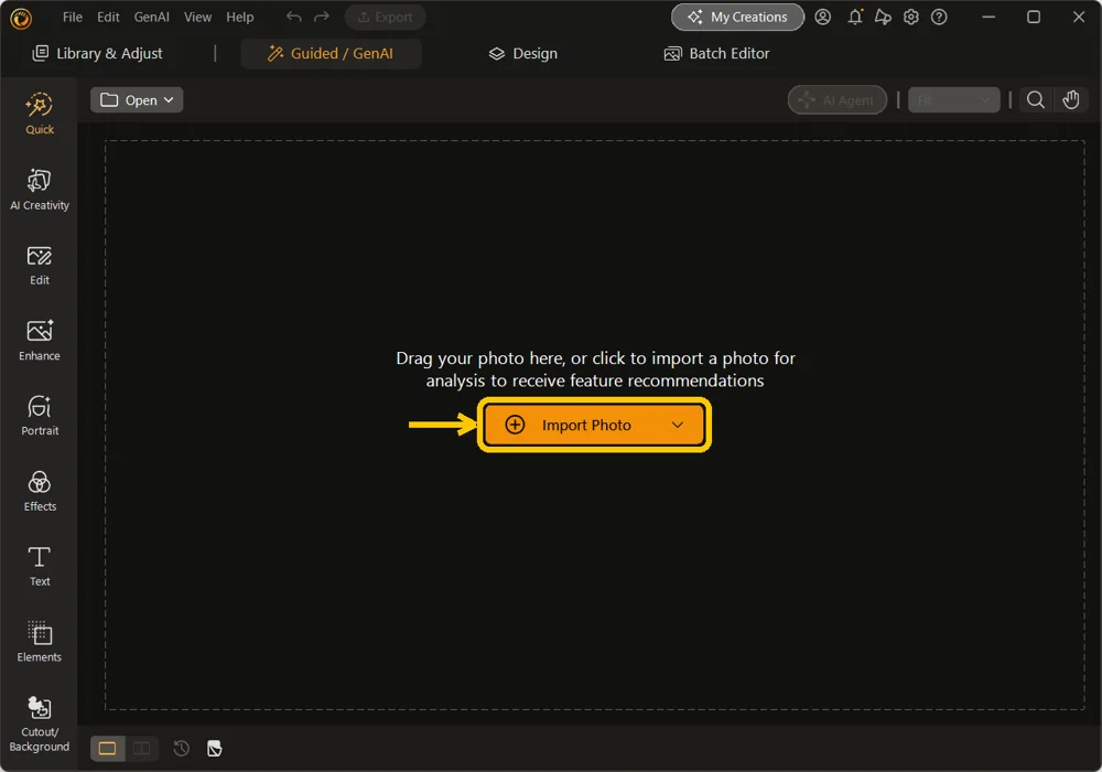 The empty Quick Actions panel with the Import Photo button highlighted