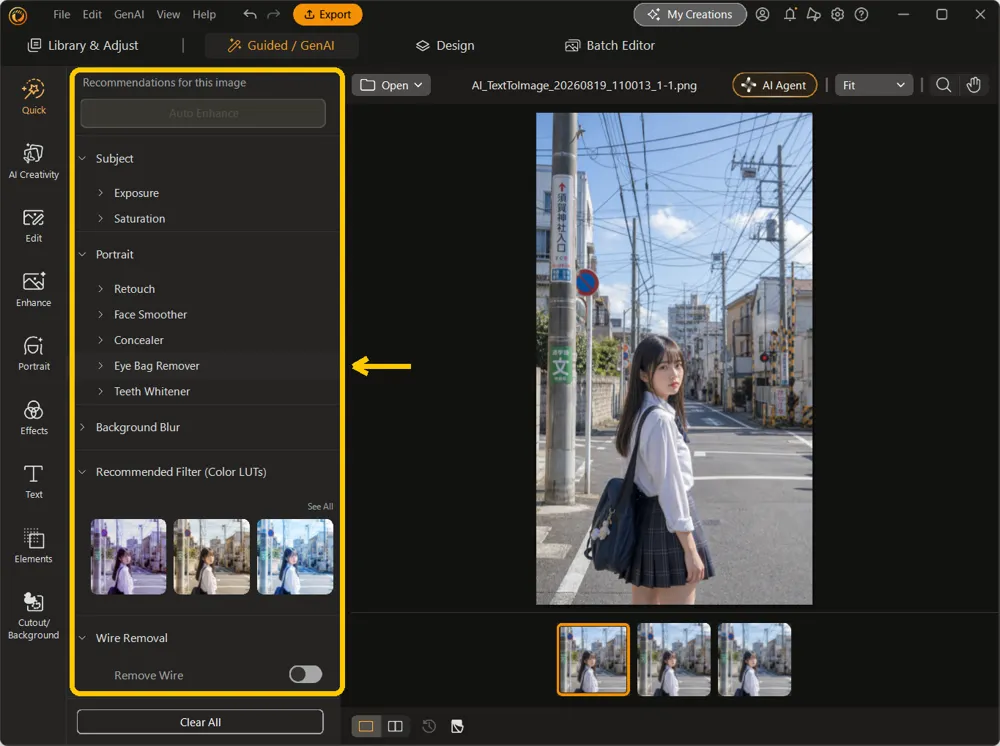 The Recommendations for this image panel with its groups highlighted