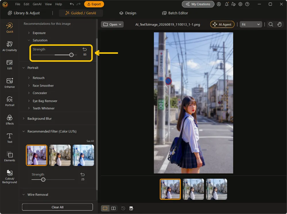 The Saturation recommendation expanded with its Strength slider highlighted