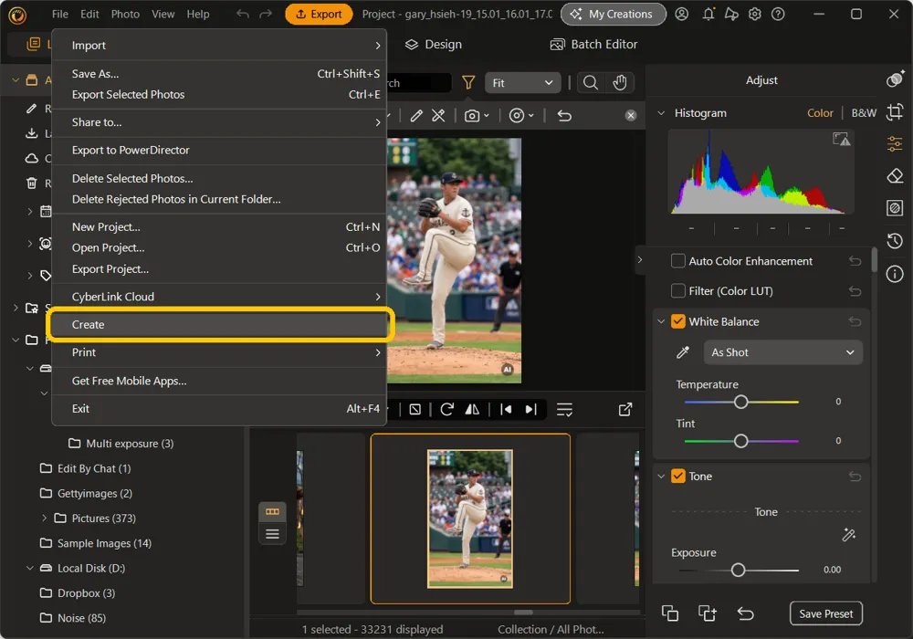 The File menu open in Library & Adjust with Create highlighted