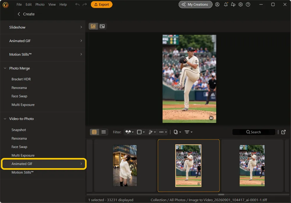 The Create room with Animated GIF highlighted under the Video-to-Photo group