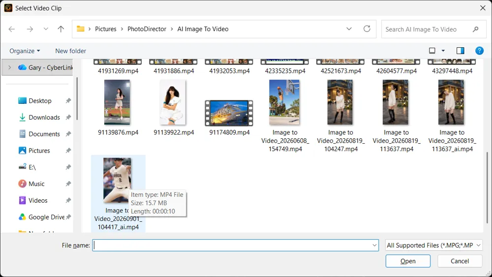 The Select Video Clip dialog showing video files in a folder