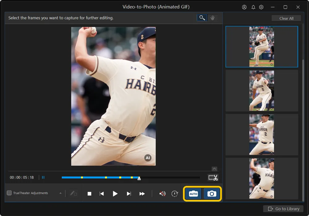 The Video-to-Photo capture window with the AUTO and snapshot buttons highlighted