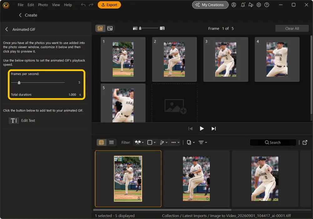 The Animated GIF panel with Frames per second and Total duration highlighted