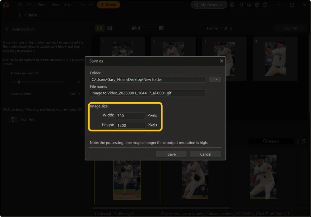 The Save as dialog with the Image size width and height fields highlighted
