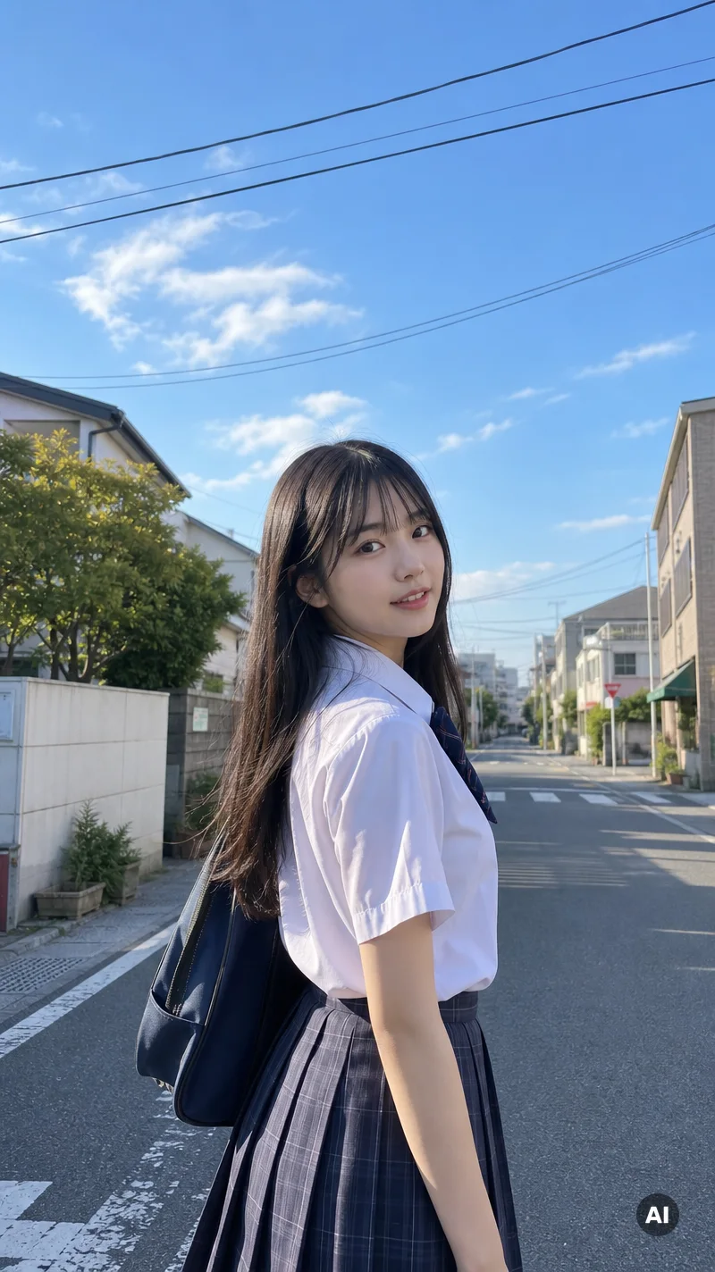 A girl in a school uniform on a residential street, with power lines crossing the blue sky above