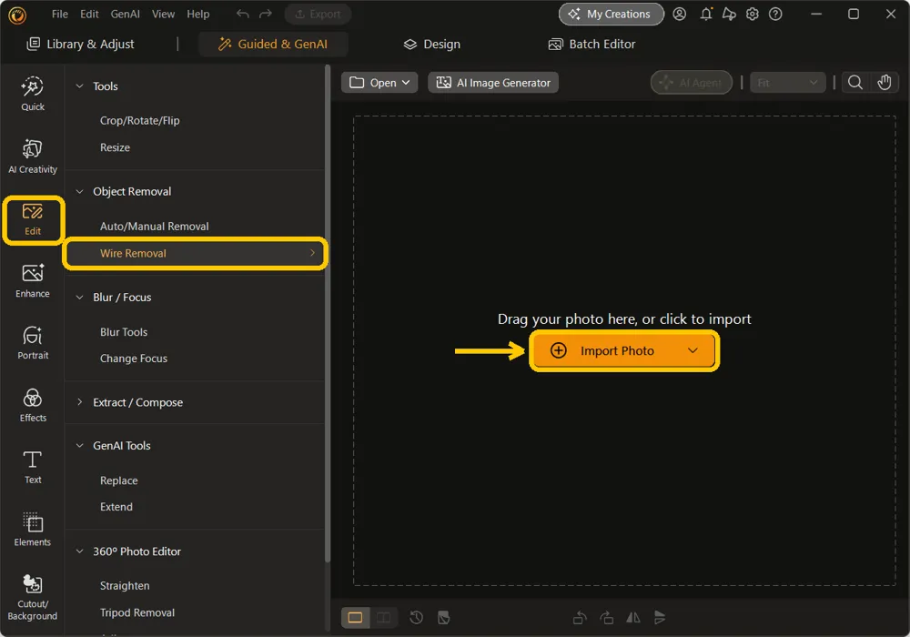 The Edit rail with Wire Removal under Object Removal and the Import Photo button highlighted