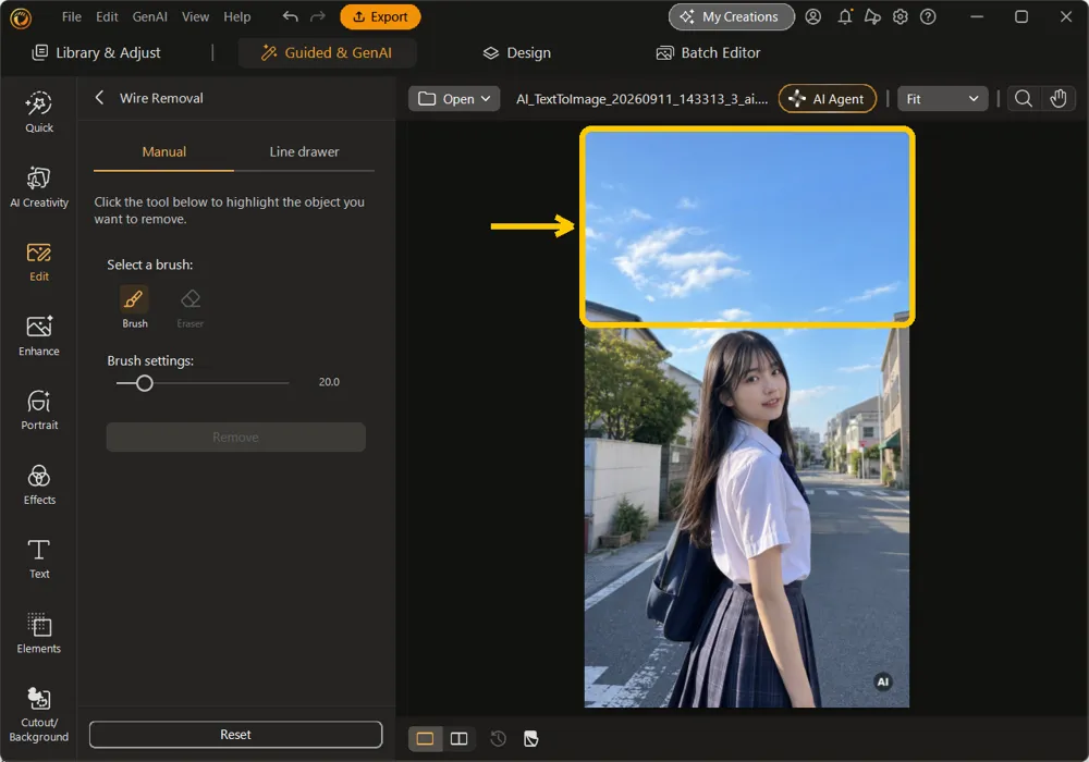 The same photo in the editor after Remove, with the sky clear of wires highlighted