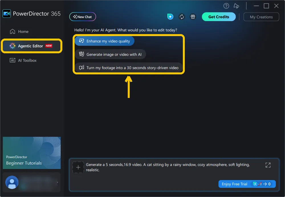 The PowerDirector window with Agentic Editor selected in the left panel and three suggested requests highlighted