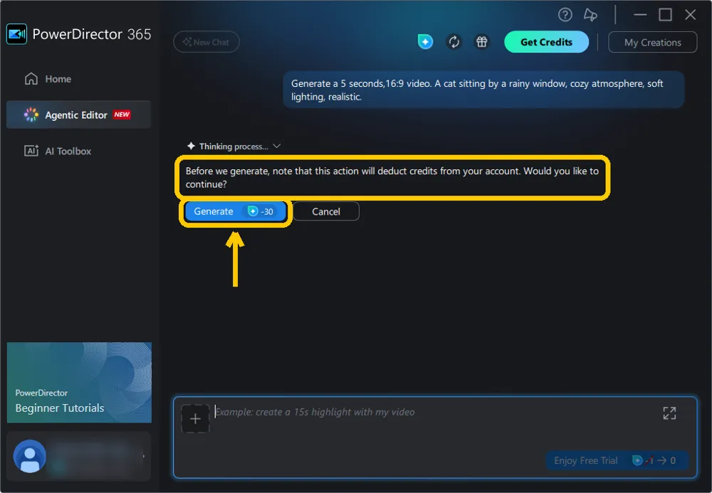 The agent's message asking to confirm before it deducts credits, with the Generate button highlighted