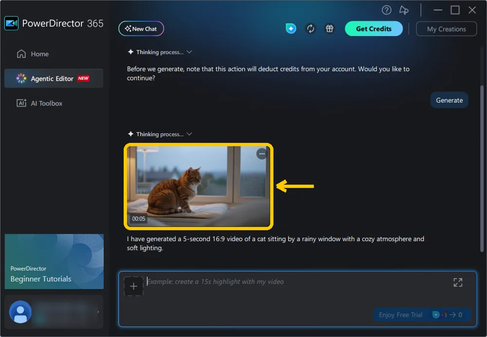 The generated five-second clip of a cat by a window, shown in the Agentic Editor chat