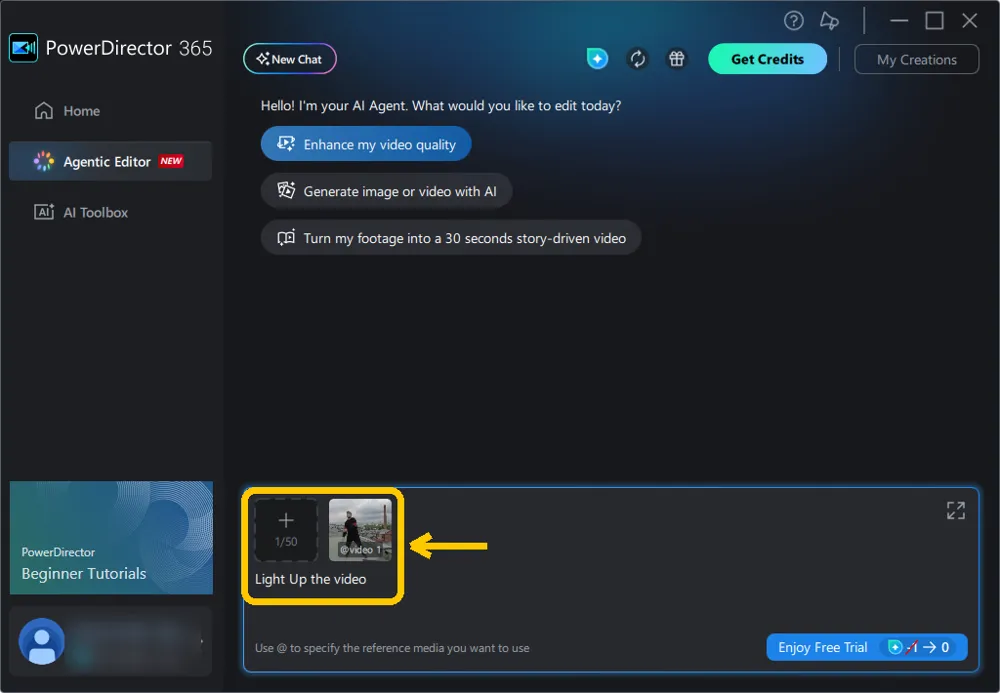 The prompt box with one attached clip labeled @video 1 and the request Light Up the video