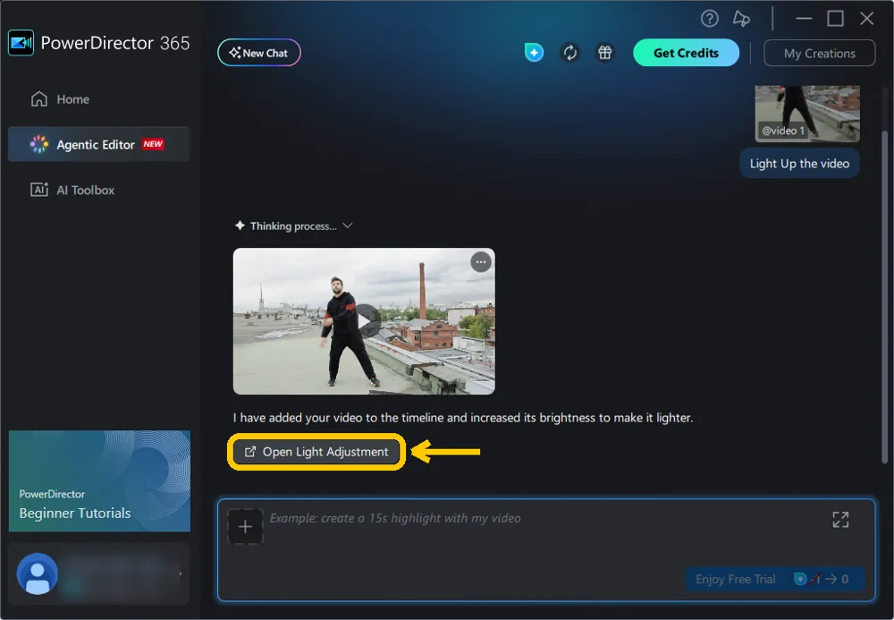 The agent's reply with the brightened clip and the Open Light Adjustment button highlighted