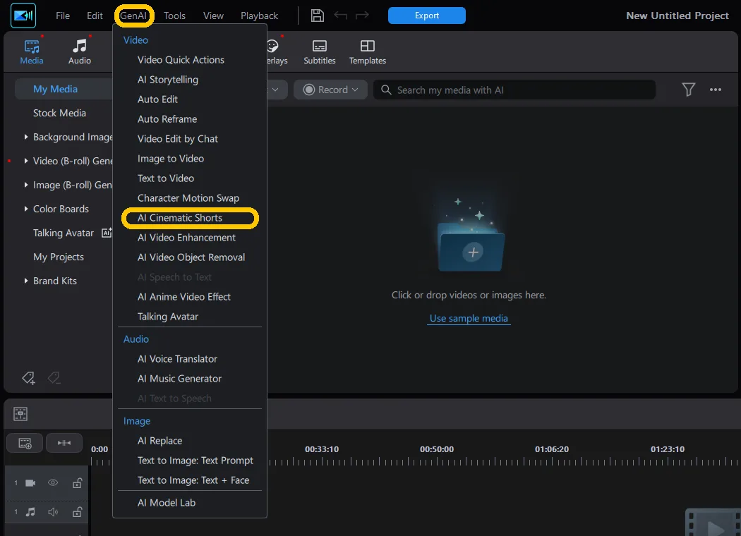 The GenAI menu open in PowerDirector, with AI Cinematic Shorts highlighted under the Video section.
