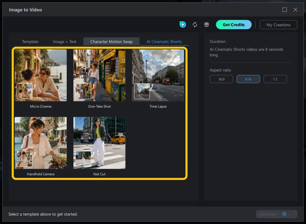 The AI Cinematic Shorts tab showing five camera-move templates: Micro Cinema, One-Take Shot, Time Lapse, Handheld Camera and Fast Cut.