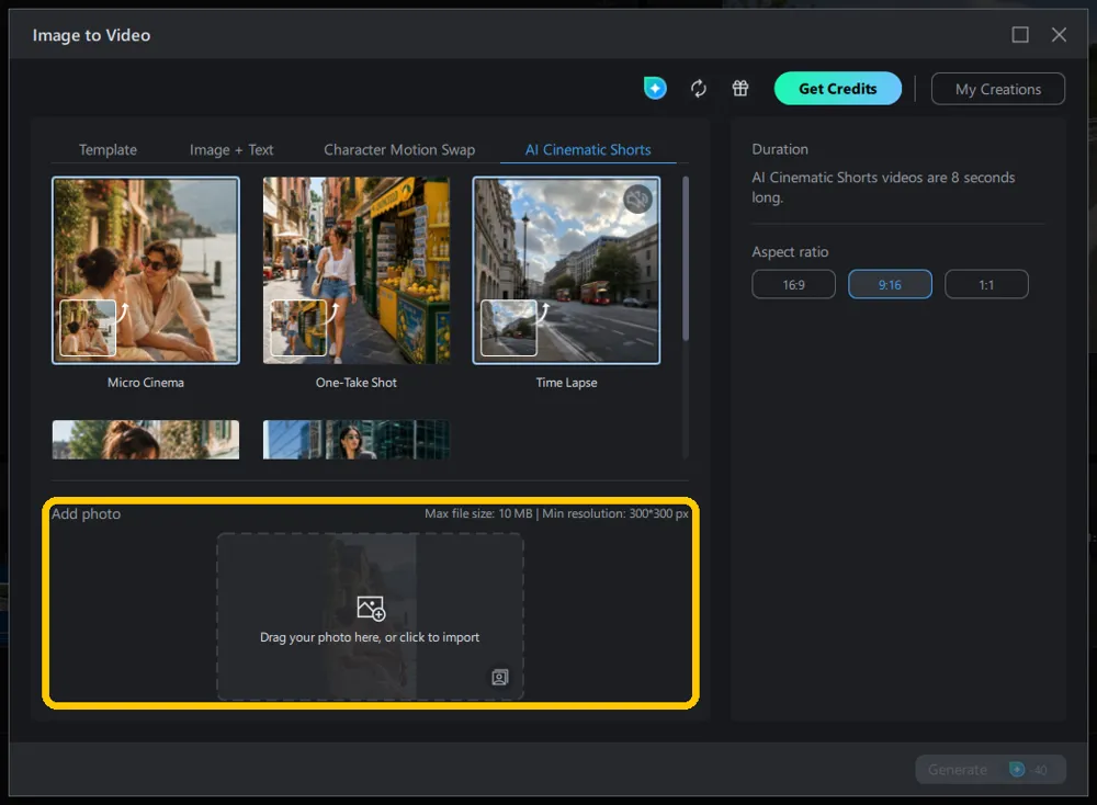 The Add photo panel in the AI Cinematic Shorts tab, with the line reading Max file size 10 MB and Min resolution 300 by 300 pixels.
