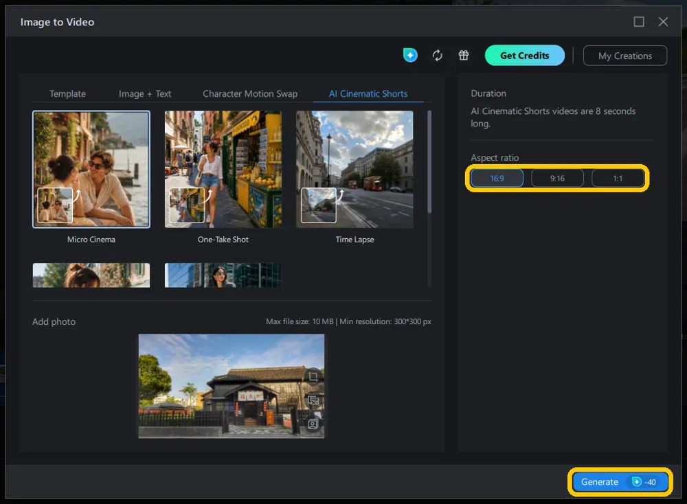 The right-hand panel of the AI Cinematic Shorts tab with 16:9 selected under Aspect ratio, and the Generate button showing its credit badge.