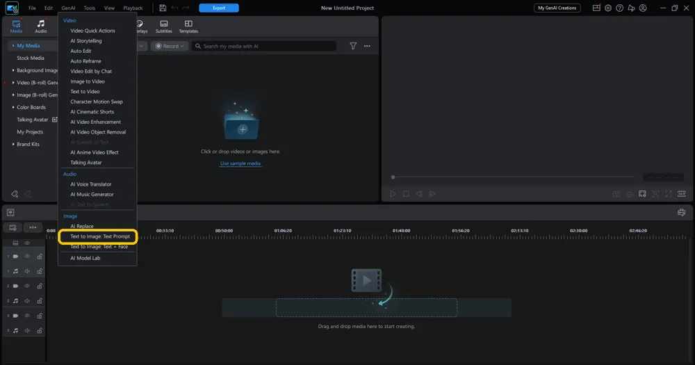 The GenAI menu open with Text to Image: Text Prompt highlighted under the Image group