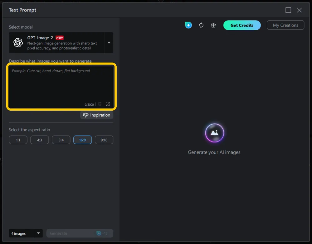 The Text Prompt window with the description box highlighted