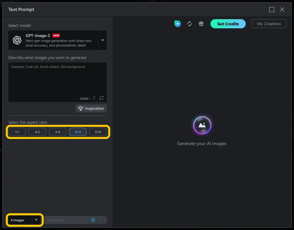 The Text Prompt window with the aspect ratio buttons and the image count dropdown highlighted