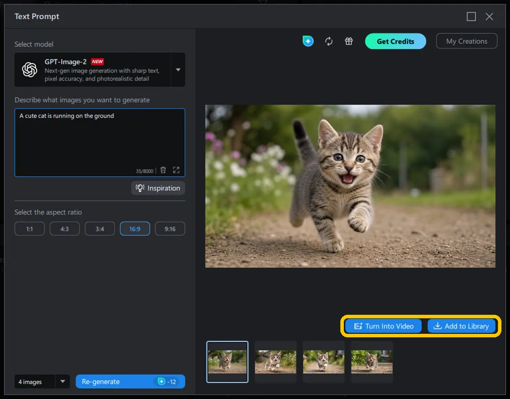 The generated image with its variations, and the Turn Into Video and Add to Library buttons highlighted