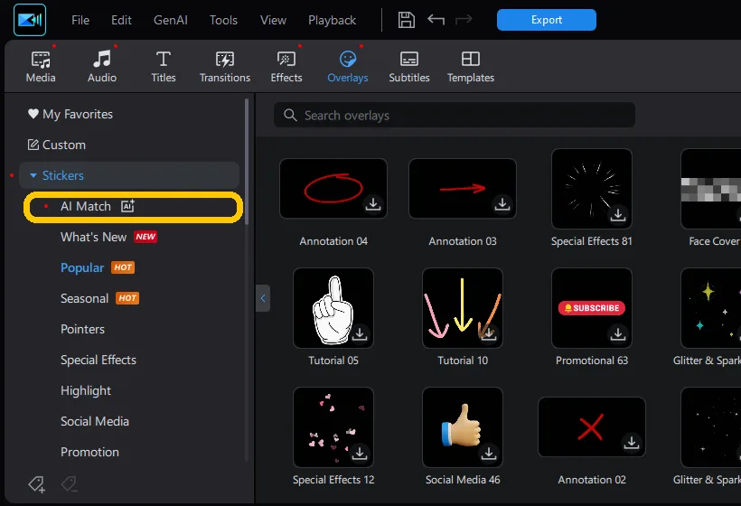 The PowerDirector editor on the Overlays tab, with AI Match highlighted in the left-hand list beneath Stickers.