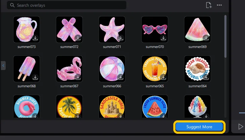 The AI Match results in the Overlays panel, a grid of summer stickers including a popsicle, a flamingo float and a beach ball, beside a preview of a skateboarder on a seafront promenade.