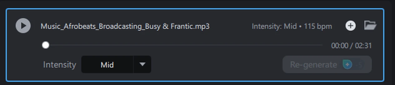 The generated track card showing its file name, its intensity, its tempo in beats per minute and its length