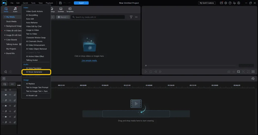 The GenAI menu open with AI Music Generator highlighted under the Audio group