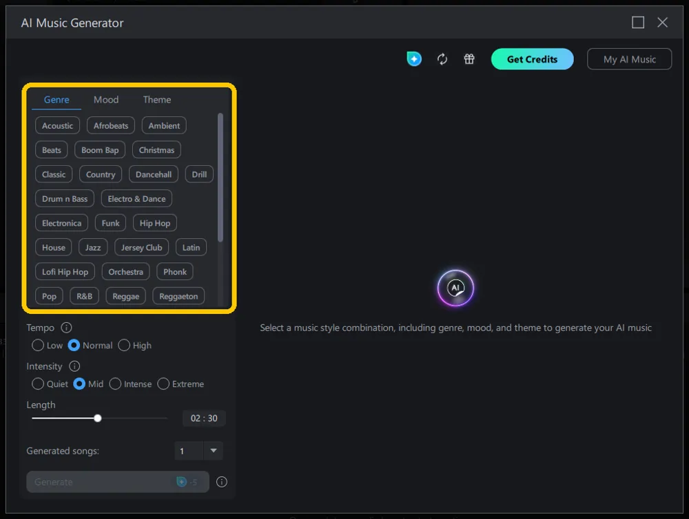 The Genre tab open, showing the chips you can choose from