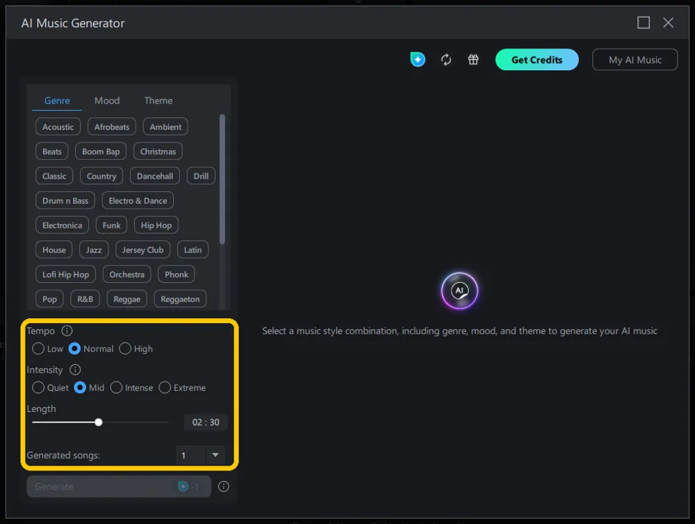The Tempo, Intensity, Length and Generated songs controls highlighted