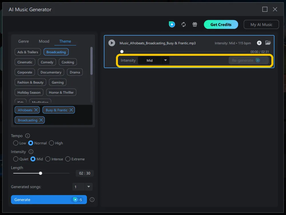 The track card with its Intensity dropdown and Re-generate button highlighted