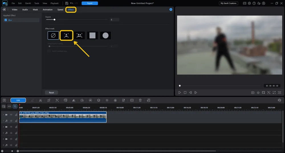 The Effect tab with Blur applied and the single-figure option in the Effect mask row highlighted
