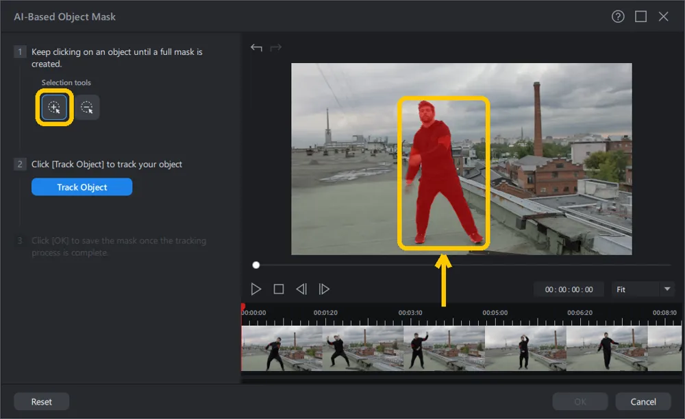 The AI-Based Object Mask window with the add selection tool highlighted and the dancer covered in red