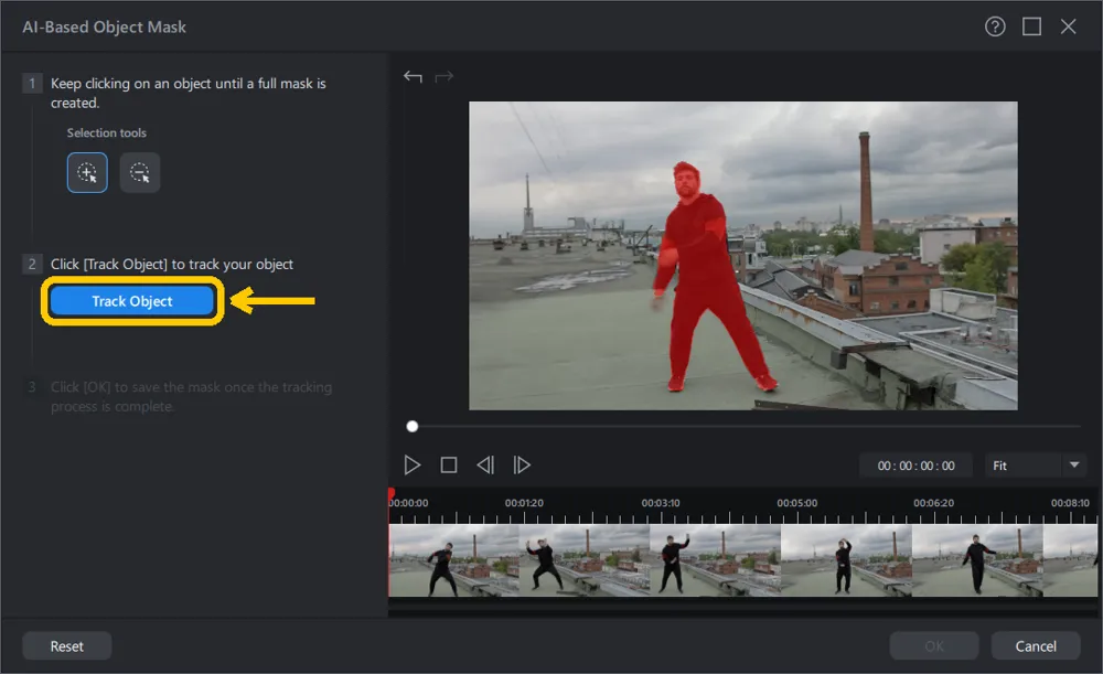 The AI-Based Object Mask window with the Track Object button highlighted