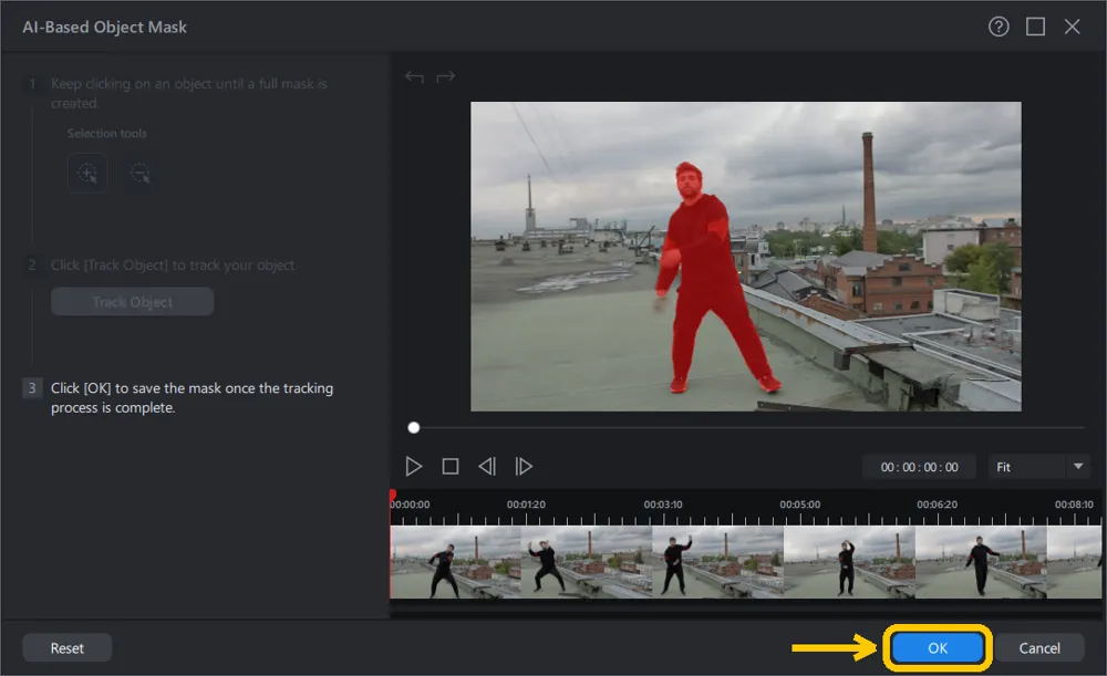 The AI-Based Object Mask window after tracking, with the OK button highlighted