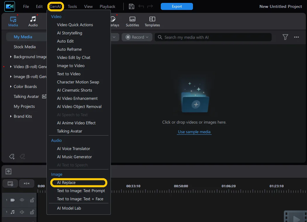 The GenAI menu open in PowerDirector, with AI Replace highlighted under the Image section.