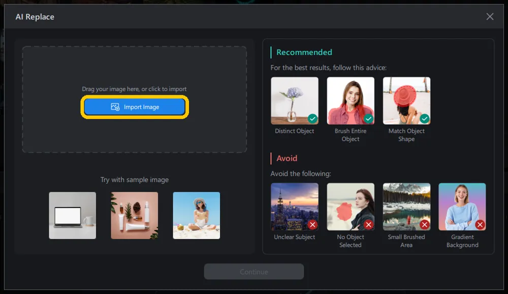 The AI Replace import panel with the Import Image button highlighted, and three sample images offered below it.