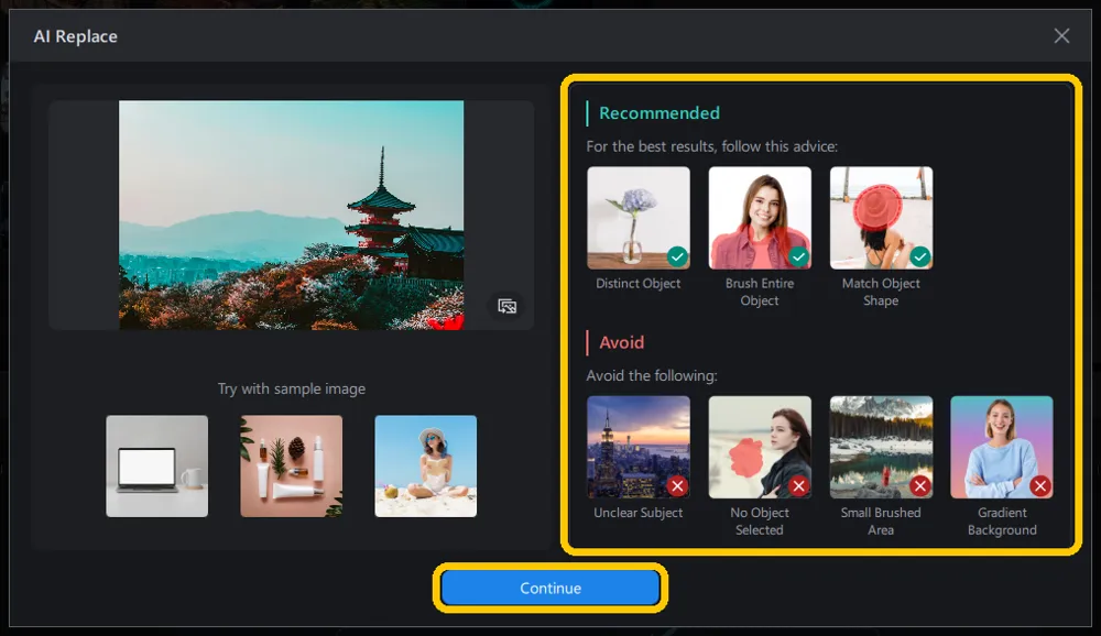 The AI Replace advice panel, showing three Recommended examples with green ticks and four Avoid examples with red crosses, and the Continue button below.