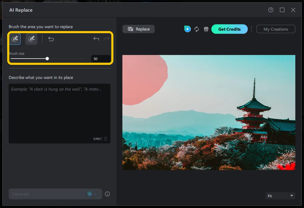The left panel of the AI Replace window with the brush and eraser tools and the Brush size slider set to 50.