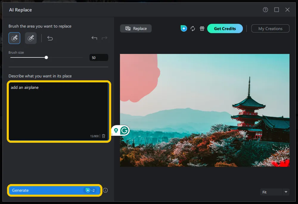 The AI Replace prompt box reading add an airplane with the counter at 15 of 800, and the Generate button showing its credit badge.