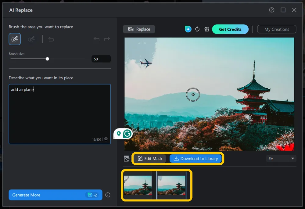 The AI Replace result view with Edit Mask and Download to Library buttons, and two version thumbnails below the image.