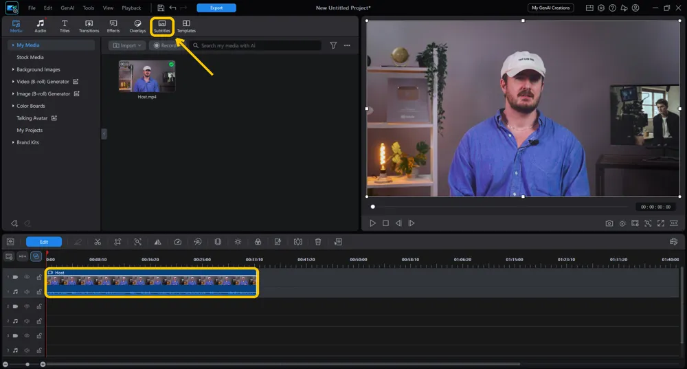 The PowerDirector window with a presenter clip on the first video track and the Subtitles tab highlighted