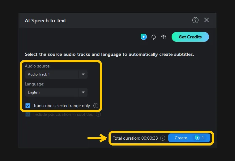 The AI Speech to Text dialog with Audio source and Language highlighted, and Total duration beside the Create button