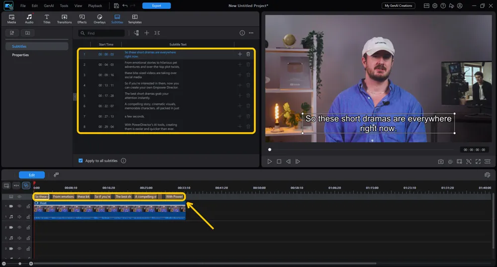 The Subtitles room with eight transcribed lines and their start times, and the matching subtitle track on the timeline highlighted