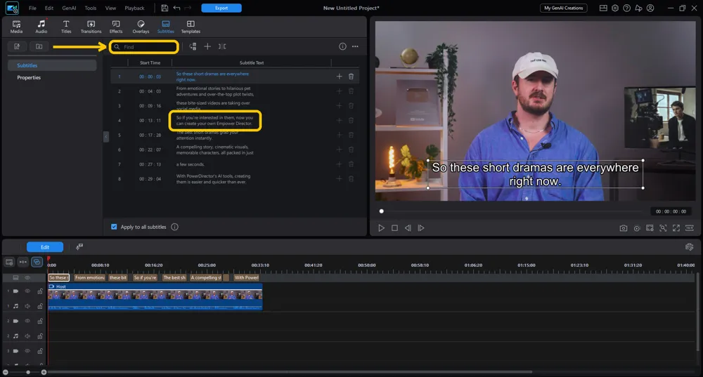 The Subtitles list with line 4 highlighted, where PowerDirector was transcribed as Empower Director, and the Find box highlighted